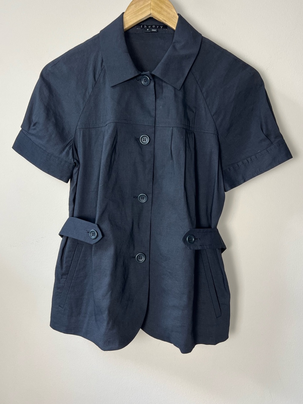 Theory Mina Linen Blend Short Sleeve Belted Jacket Top Black Size 8